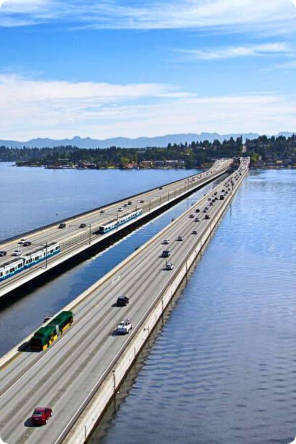 Iconic floating bridge connecting Seattle and Mercer Island.